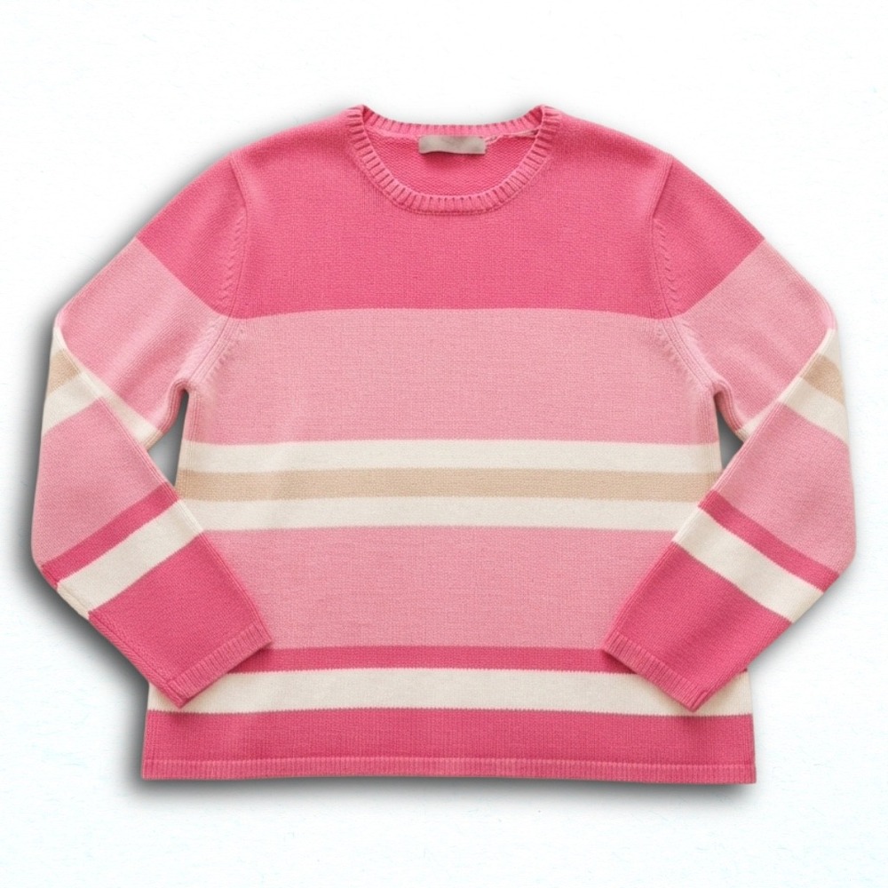 Croft & Barrow Petite Pink Striped Crew Neck Long Sleeve Sweater Size PL